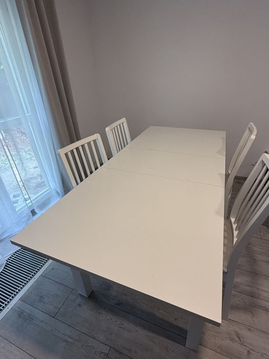 Stół i 4 krzesła | Obiadowy | Rozkładany | Biały | 140(180)x80