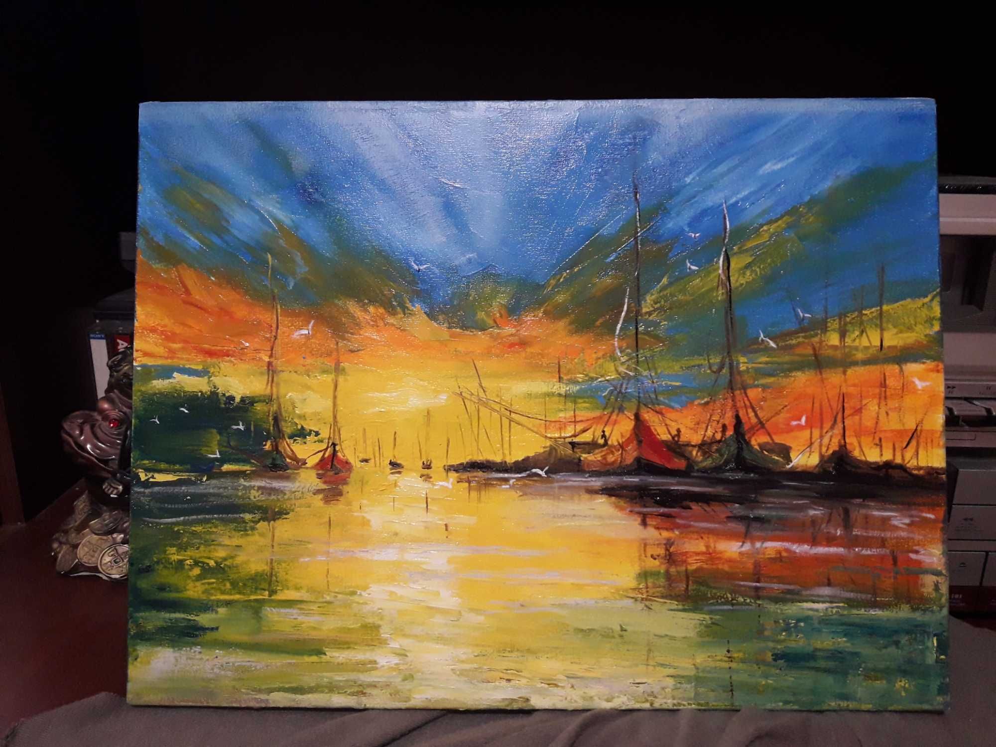 Рассвет на море, яхты, картина маслом на холсте 30х40