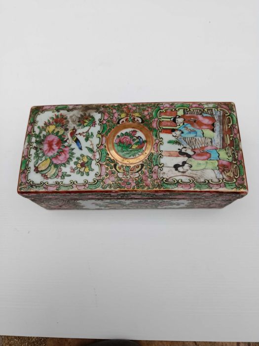 Caixa Canetas Porcelana da China Mandarim Chinesa Séc XIX 21 cm