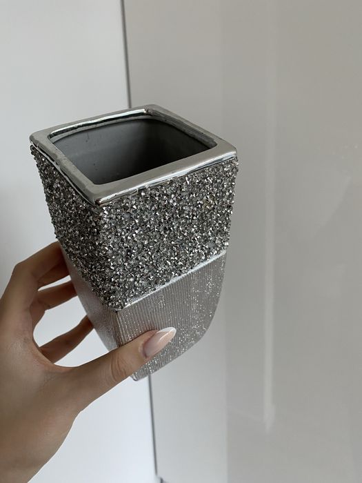 NOWY wazon ceramiczny glamour z kryształkami STEBRNY