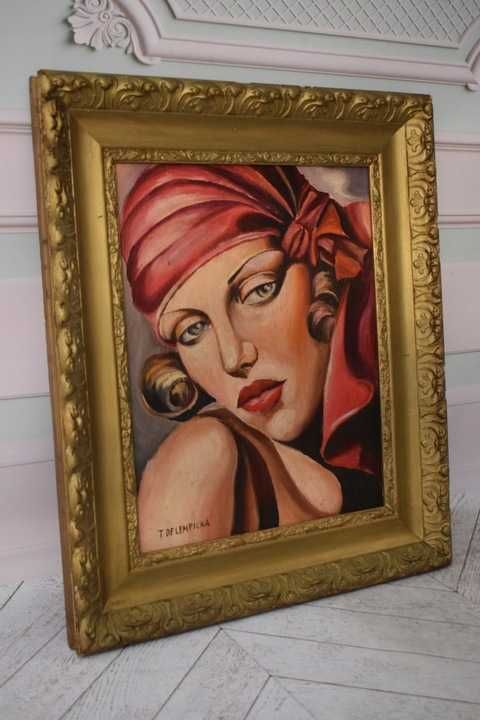 T De Łempicka - Portret Kobiety w Czerwonej Chuście - Obraz Olejny
