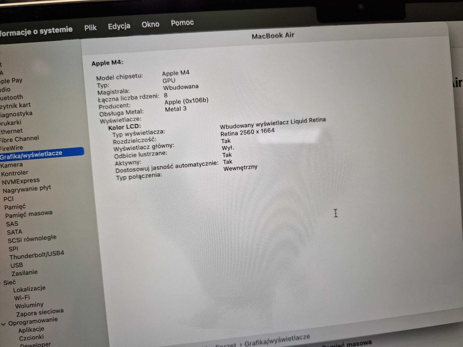 Macbook Air 13 2025/ M4/ 16GB/ 256GB/ Silver/ Grade A/ 17 cykli z iSpo