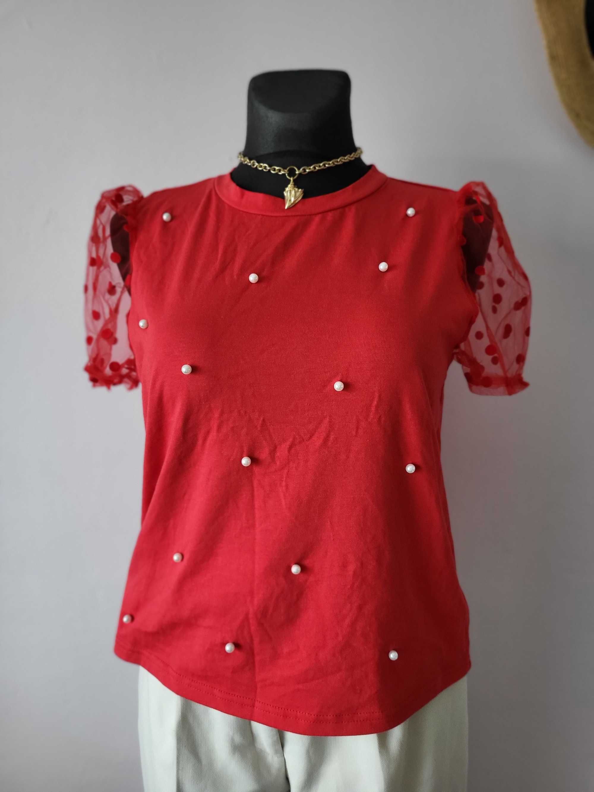 Czerwona elegancka bluzka tshirt z perełkami z bawełną tiulowe rękawy