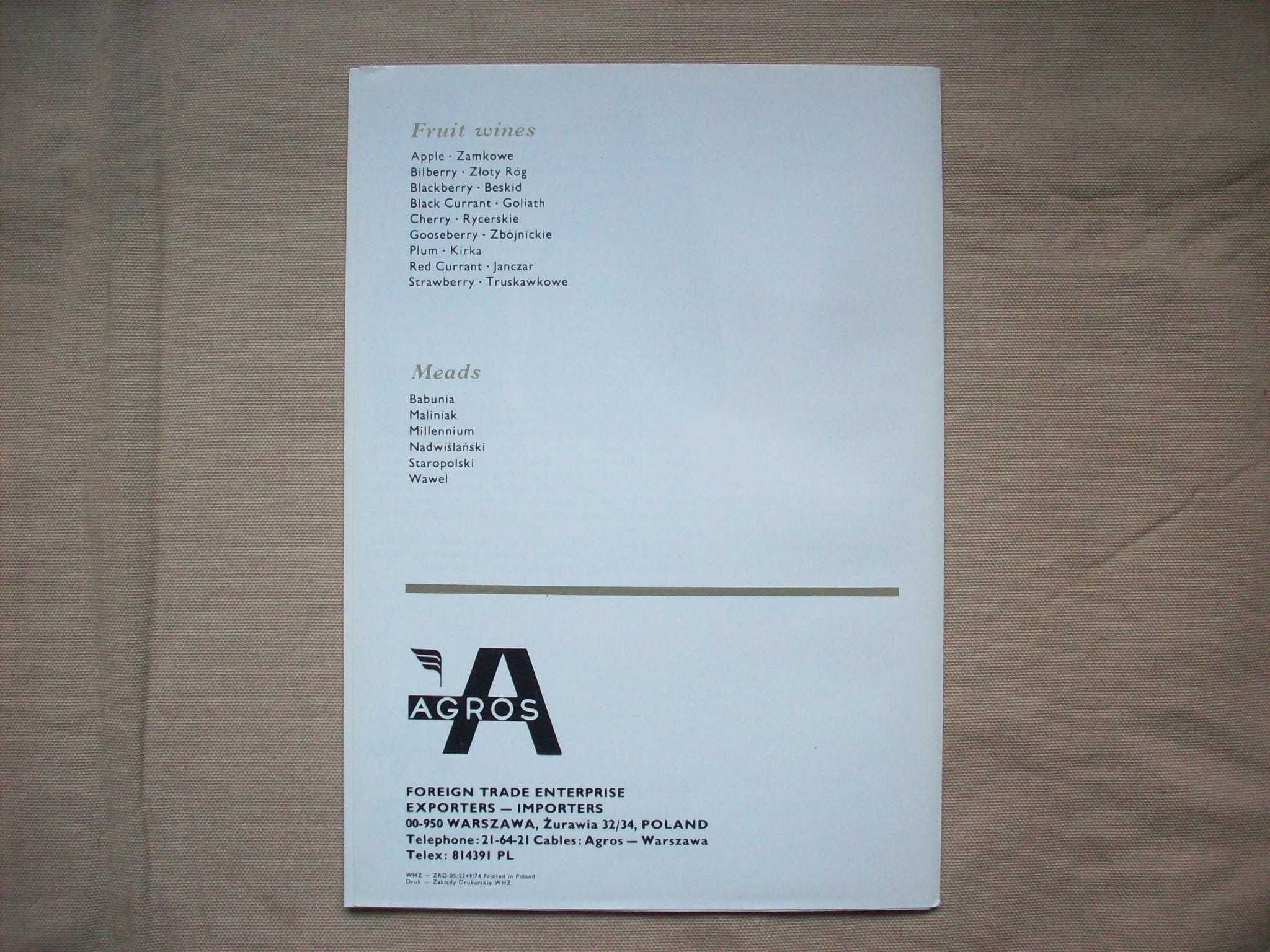 Wina owocowe i miody z Polski, stary folder Agros, po angielsku, PRL.
