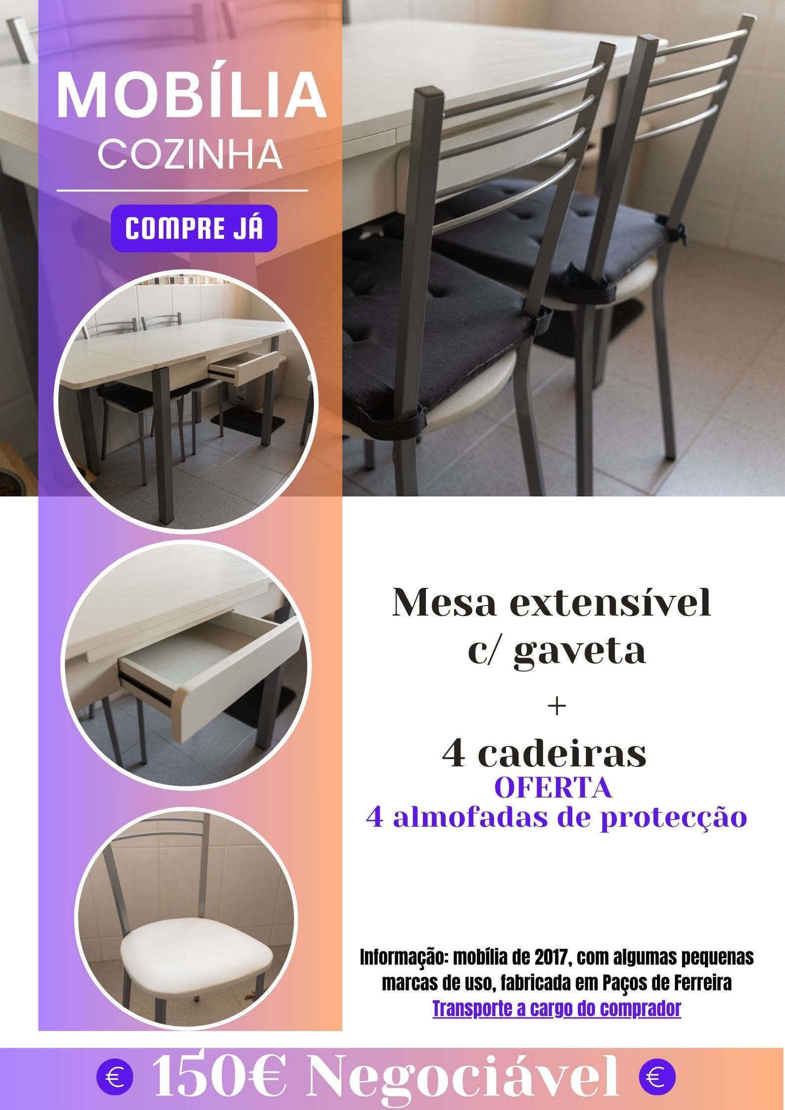 Mesa e cadeiras de cozinha usadas mas em excelente estado - FOTOS