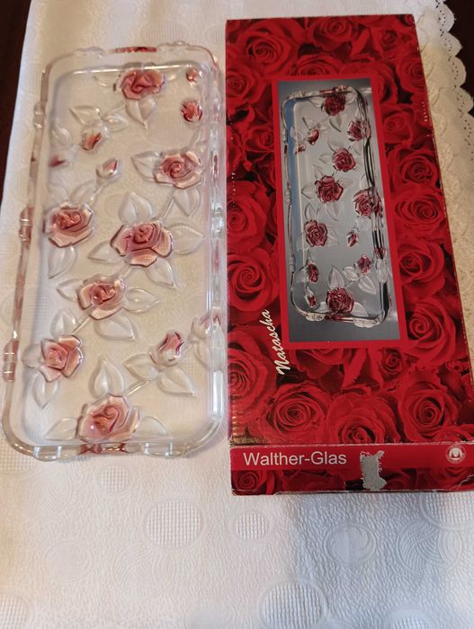 Patera szklana ozdobna w czerwone kwiaty niemiecka 14"