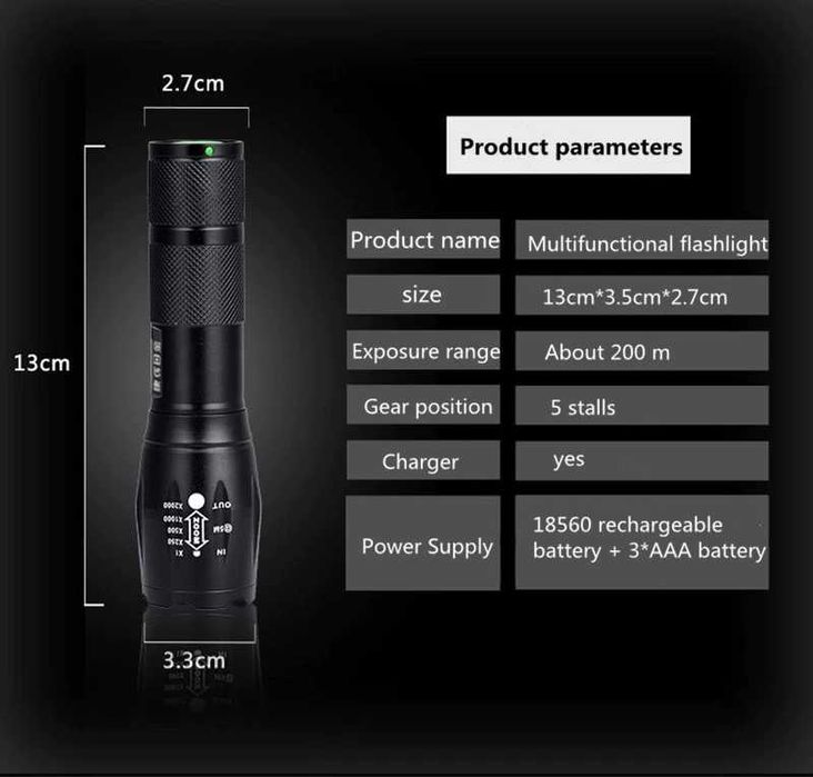 Потужний ліхтарик 18650 акумулятор або три батарейкі формата ААА