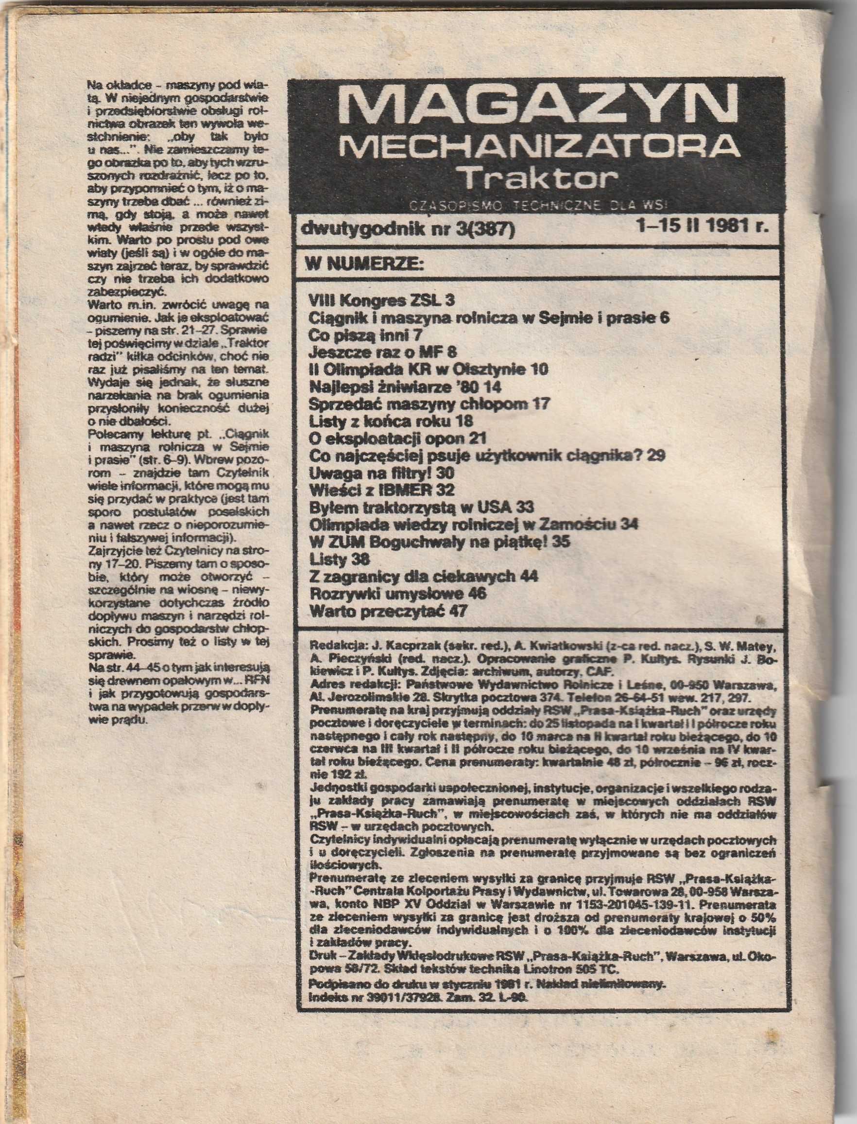 Magazyn mechanizatora Traktor 3 Luty 1981