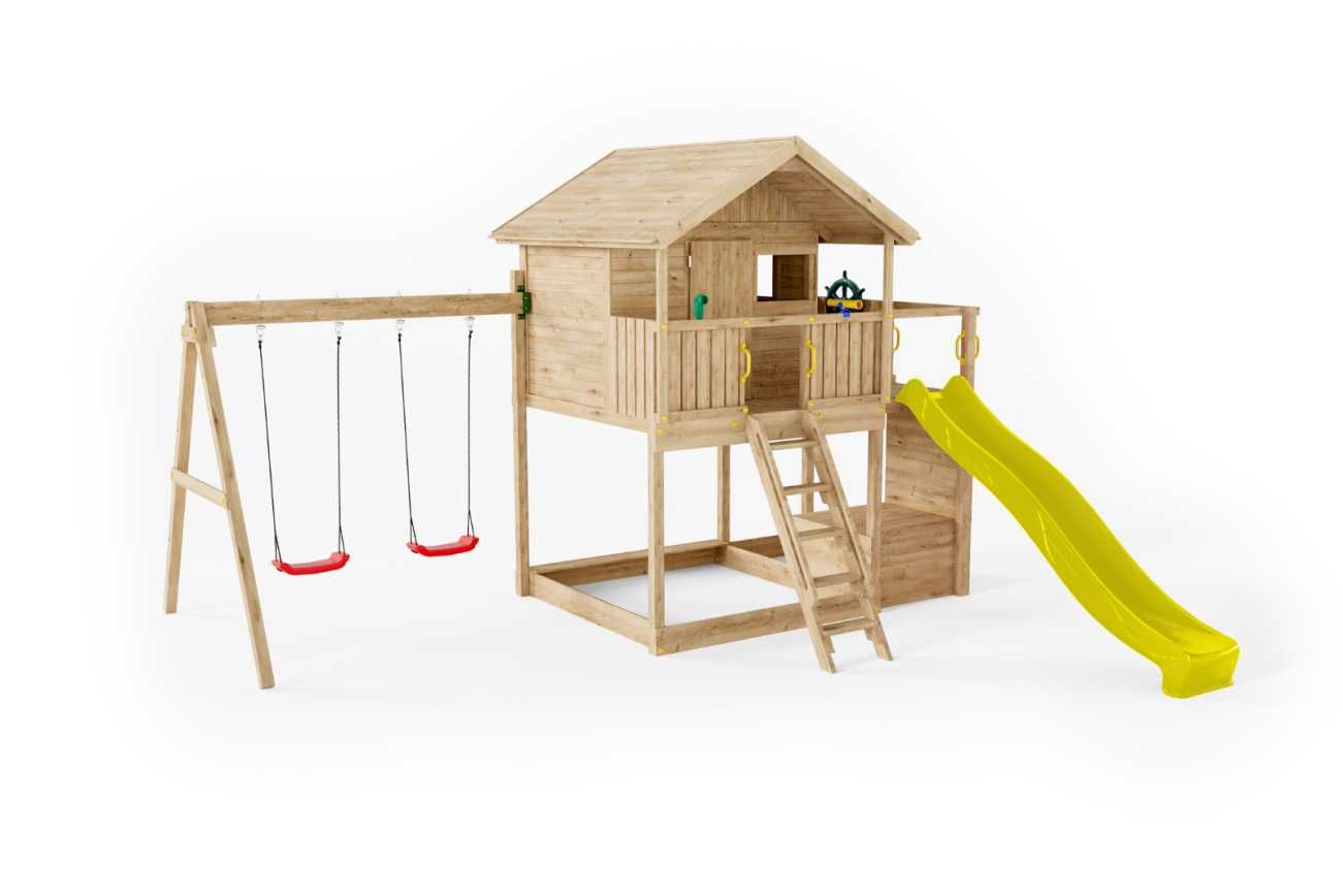 Domek drewniany dla dzieci, Plac zabaw, Zjeżdżalnia, stolik piknikowy