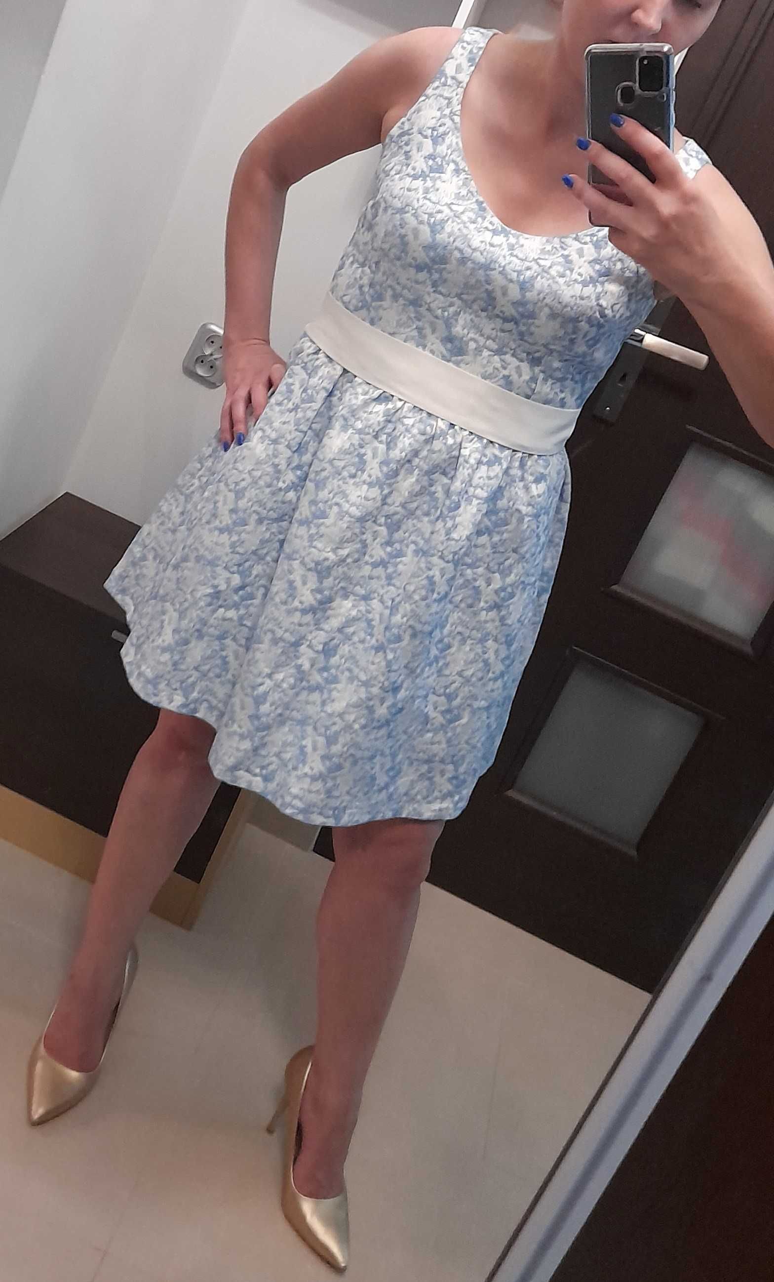 Sukienka Reserved biała, błękitna, rozmiar 40, elegancka