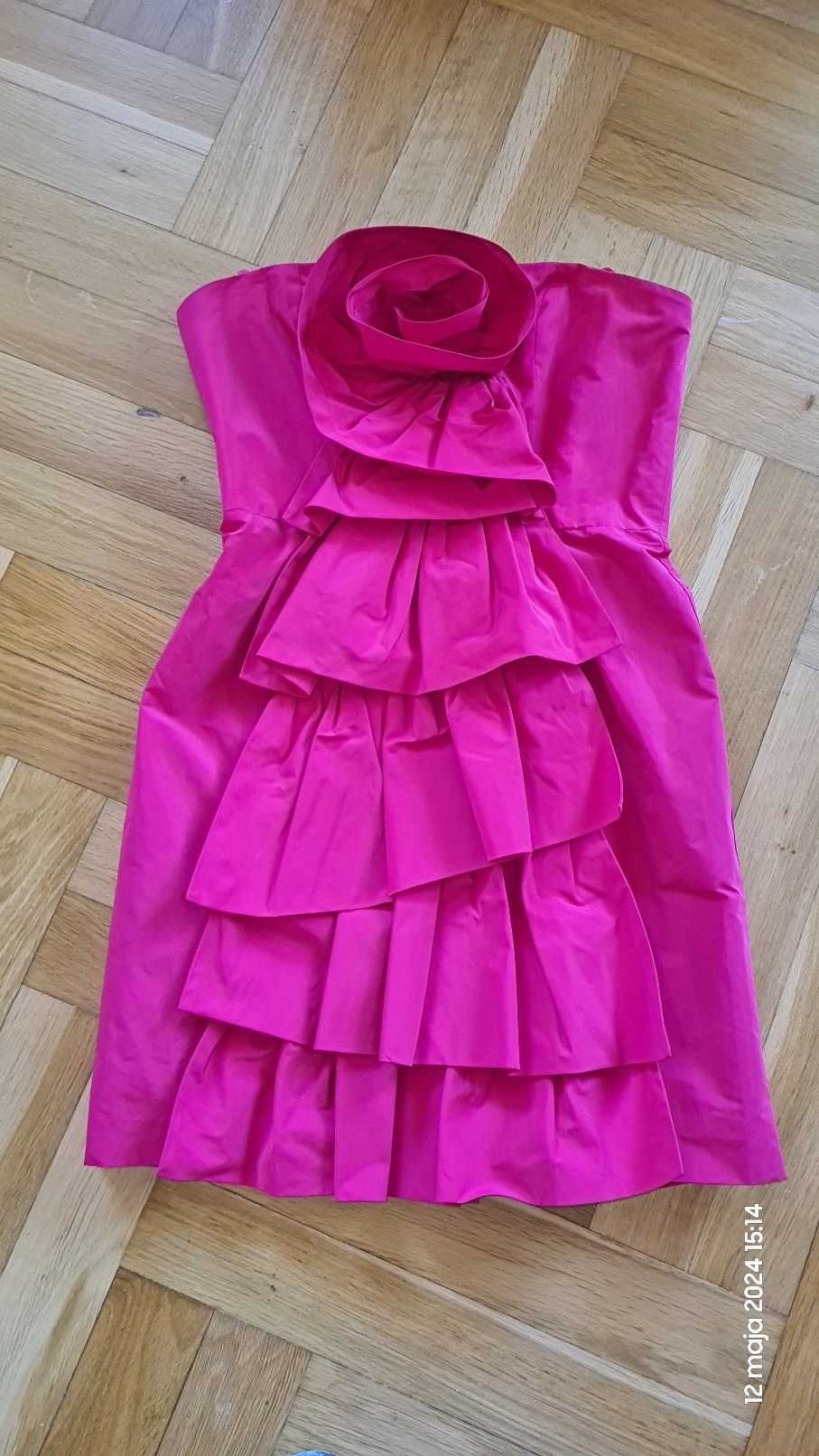 Bcbgmaxazria fuksja sukienka koktajlowa 34/36 Barbie żaboty kwiaty