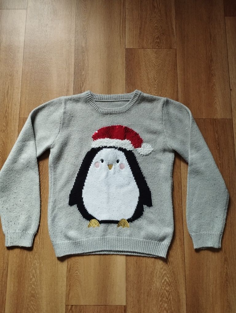 Mothercare 140 szary ciepły sweter świąteczny pingwin w czapce