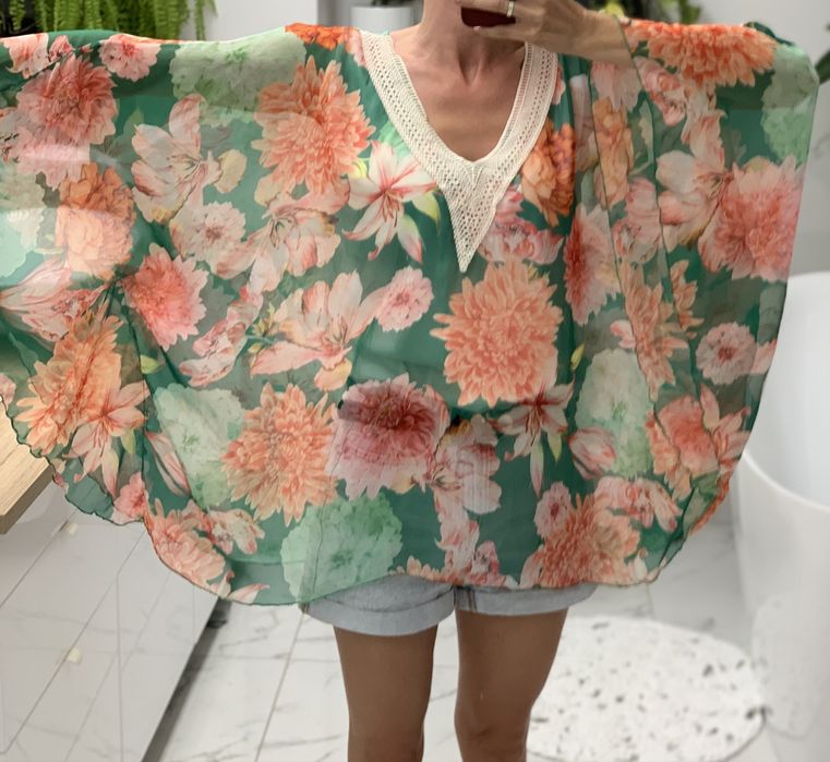 Bluzka zwiewna z szyfonu kolorowa kroj kimono nietoperz lekka 36 37