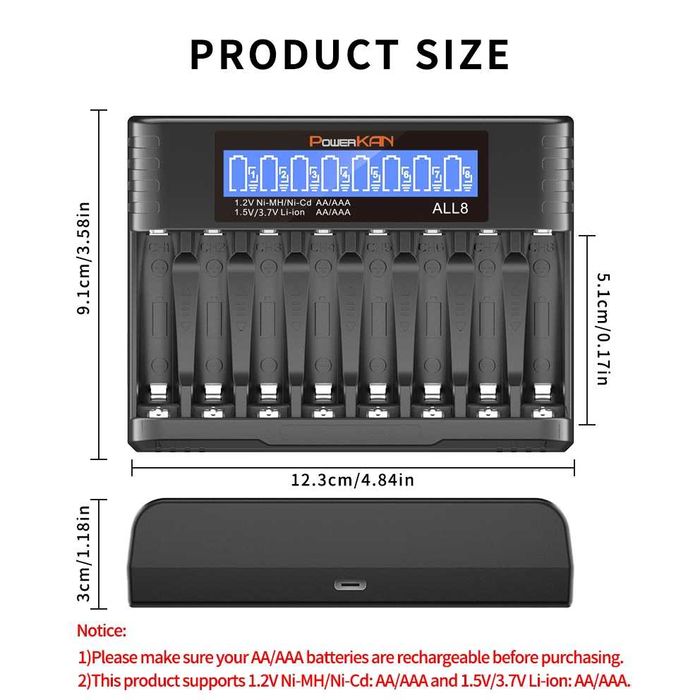 Зарядное POWERKAN ALL8 с ЖК-дисплей, 8 слотов AA/AAA, 1.2V/1.5V/3.7V