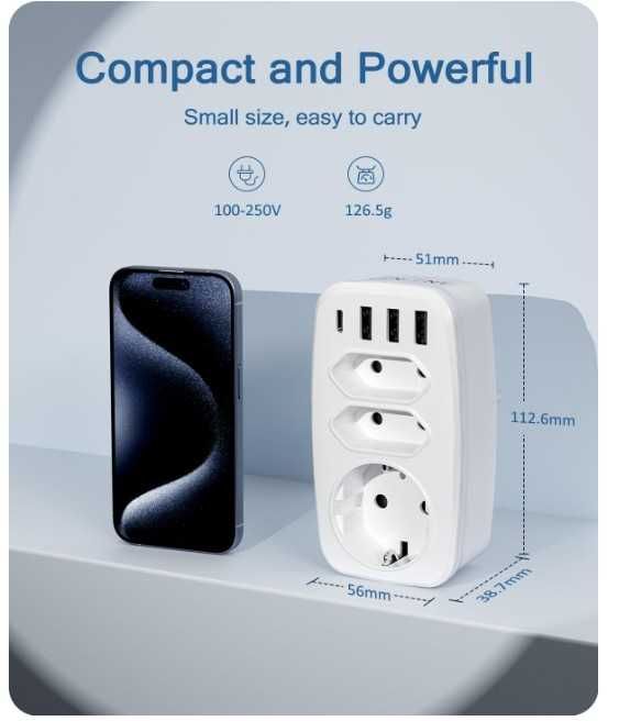 Gniazdko elektryczne 7 w 1, 3 gniazda + 3x usb, 1x usb Pd LENCENT