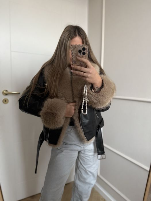 Czarna oversize kurtka S,M,L eko skórzana futro ocieplana