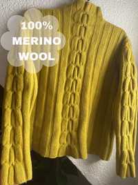 Sweter żółty z warkoczem, półgolf, 100% merinowool, r.XS/34