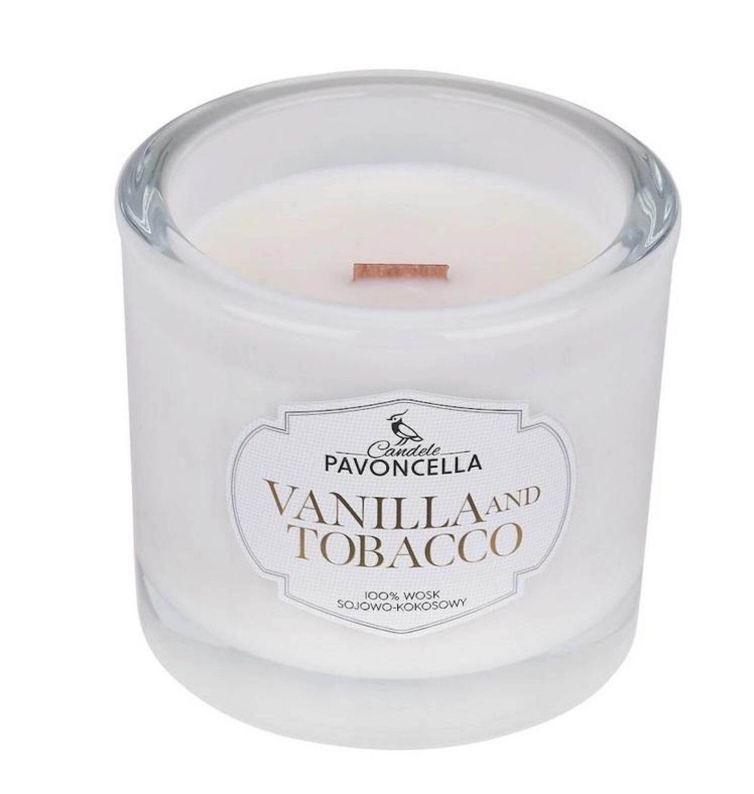 Świeczka sojowa Vanilla and Tabacco biała 170g Pavoncella oprawa: