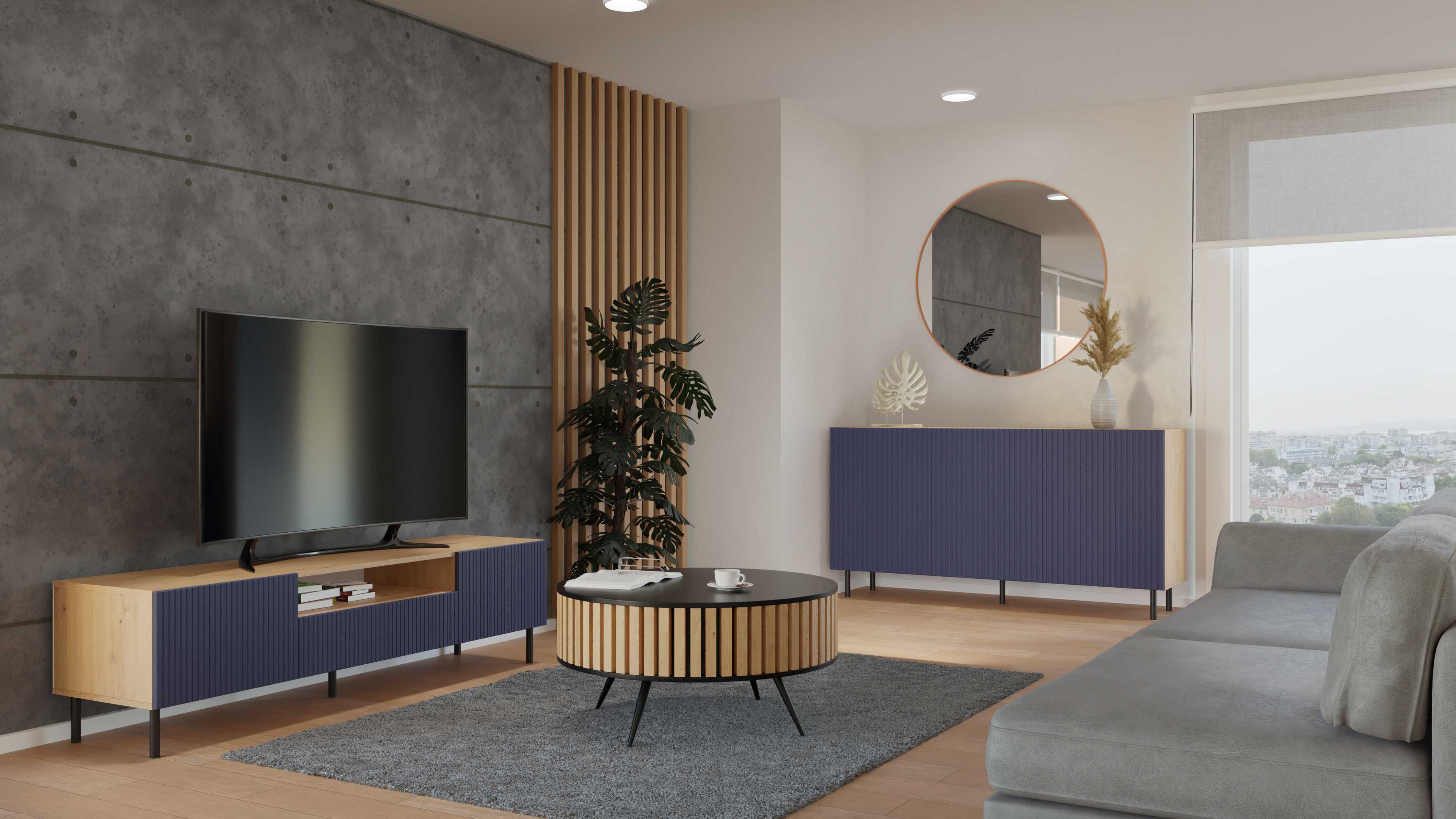 KOMODA KAMA3 SLIM Ryflowany Front Lamele Dąb Artisan / Granatowy
