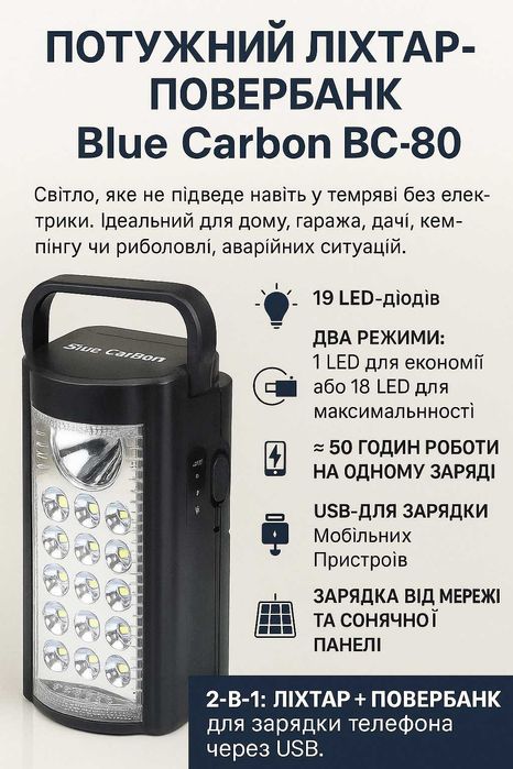 Ліхтар на акумуляторі з функцією повербанка BC-80, 19 LED, ЗУ 220V