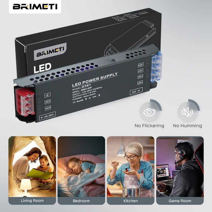 BRIMETI Transformator LED 24V 100W Zasilacza 16.6A Transformatora