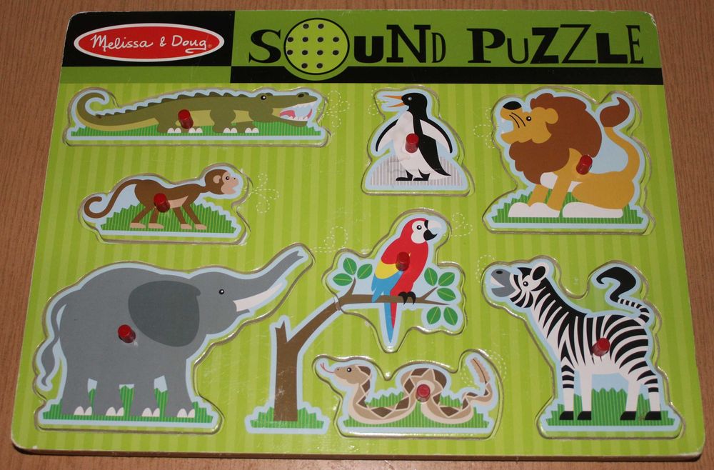 Drewniane puzzle dźwiękowe Melissa & Doug – zwierzęta z zoo, stan bdb