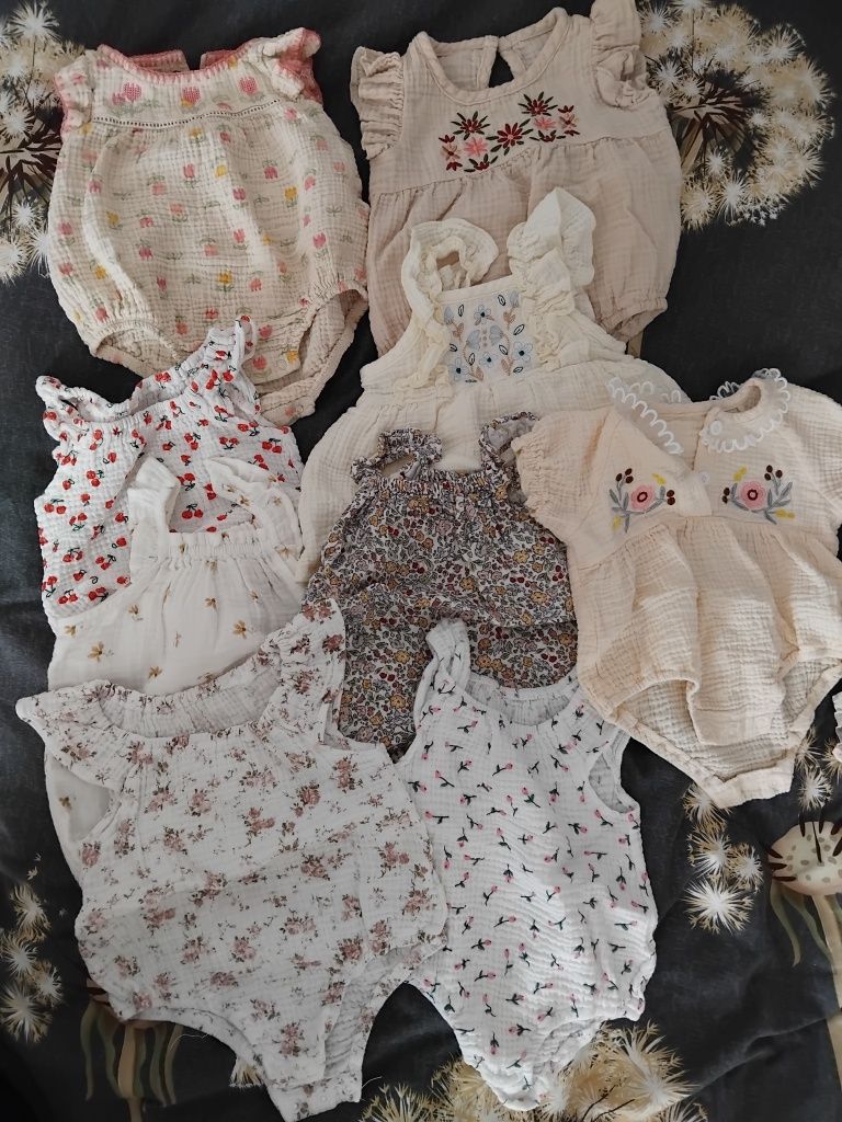 62 68 3-6 muślinowy rampers sukienka bawełniany body beżowe print
