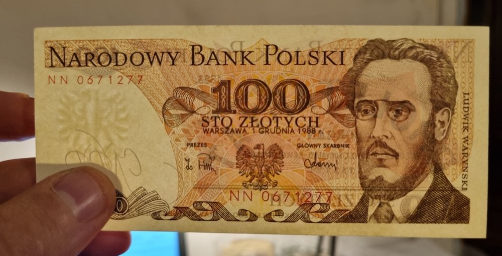 Banknot 100 złotych 1988 Waryński seria NN destrukt czcionka