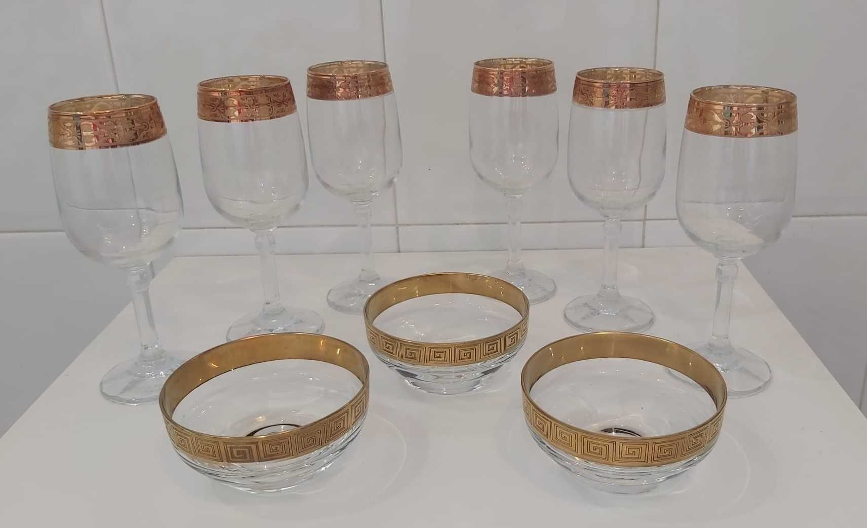 Conjunto 6 Copos + 3 taças de vidro com rebordo dourado