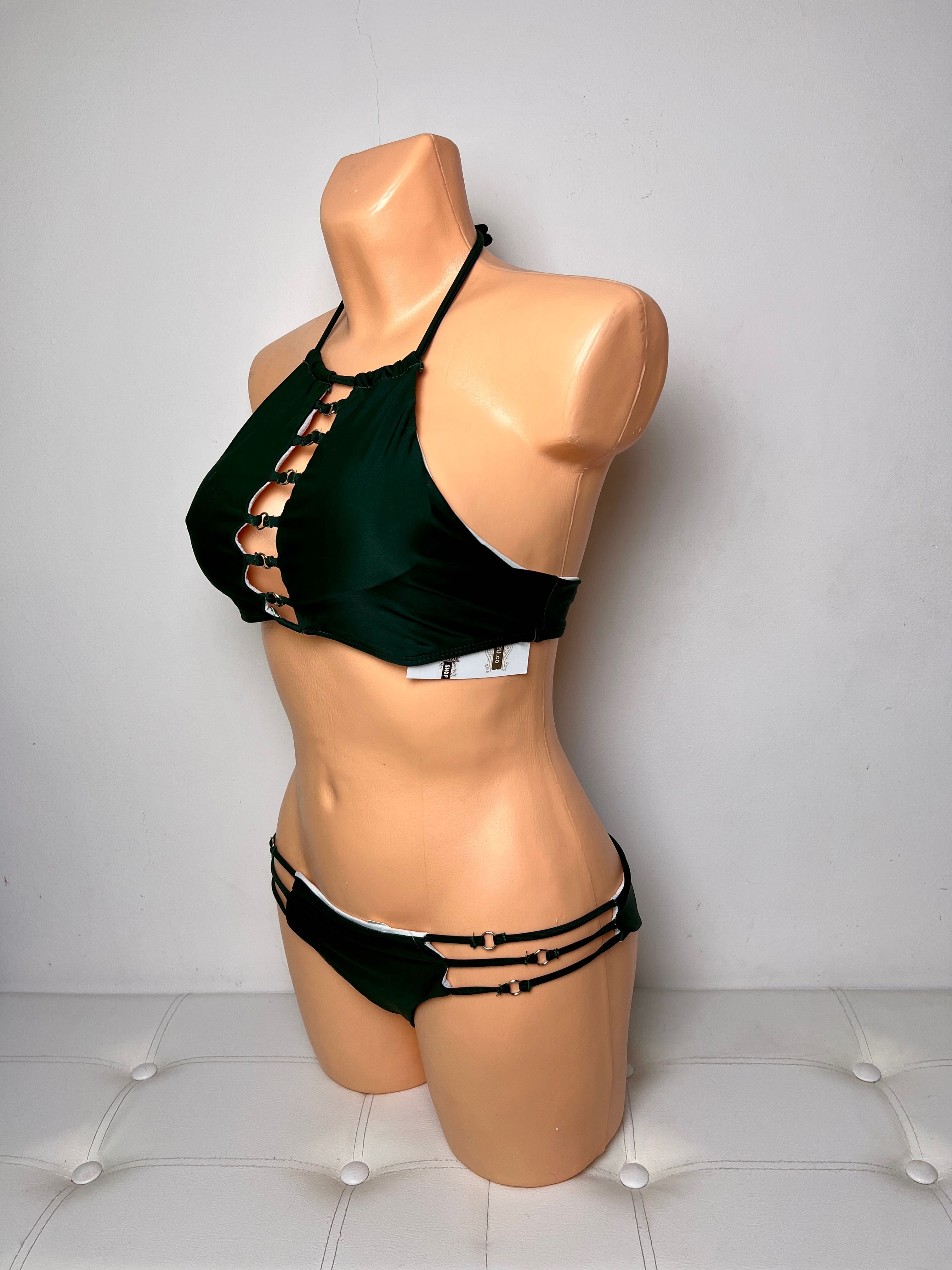 Strój kąpielowy bikini butelkowa zieleń paski L i xl