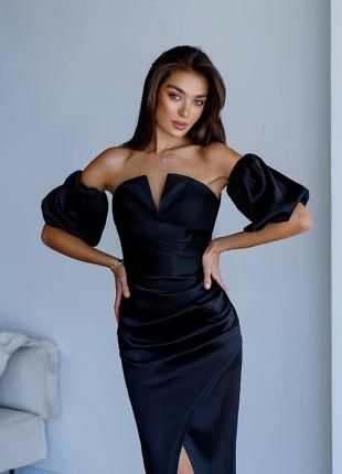 Чорна сукня вечірня корсетна атласна міді з рукавом