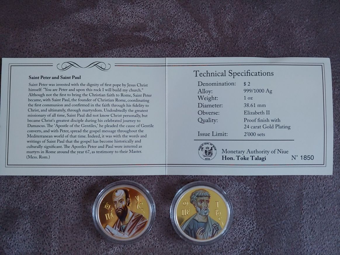 Набор монет Святого Петра и Павла две унции серебра
