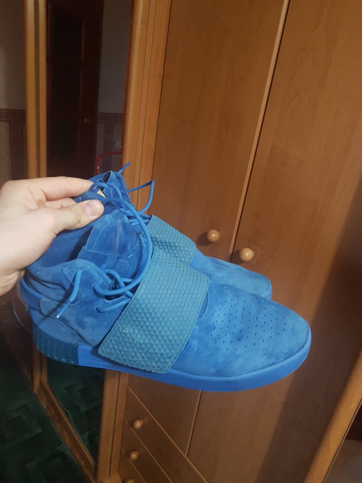 Adidas tubular blue suede