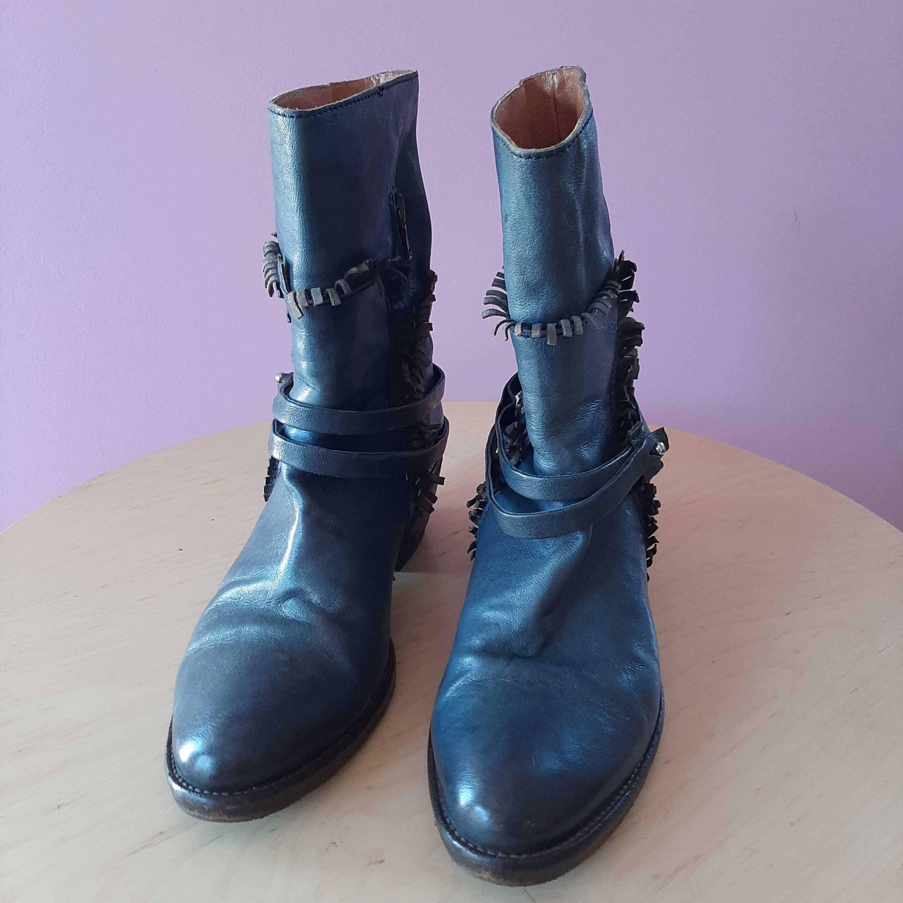 Botins 100% Pele - Azul - Estilo Texano num 38