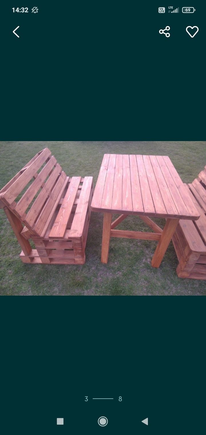 Zestaw ogrodowy z palet 2 ławki i stół