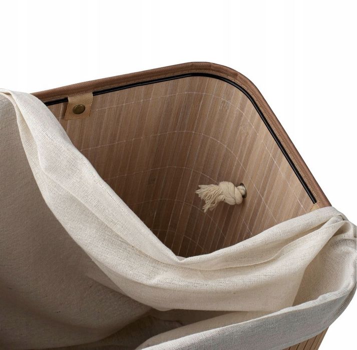 Kosz na pranie bieliznę bambusowy dwukomorowy z pokrywą pojemny 105L