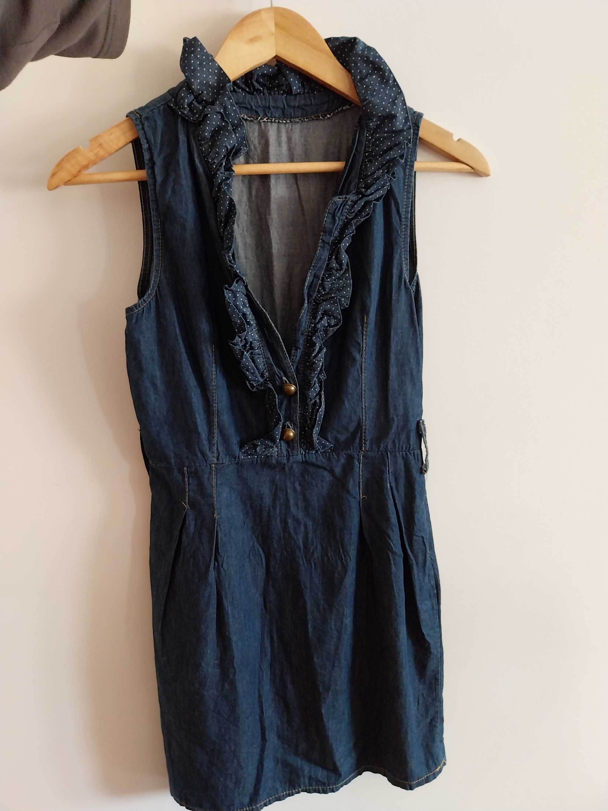 Vestido de ganga, com decote com folhos, 100% algodão, tamanho S/36