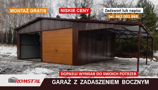Garaż Blaszany BRĄZ z zadaszeniem bocznym|Garaże Blaszane| - ROMSTAL*