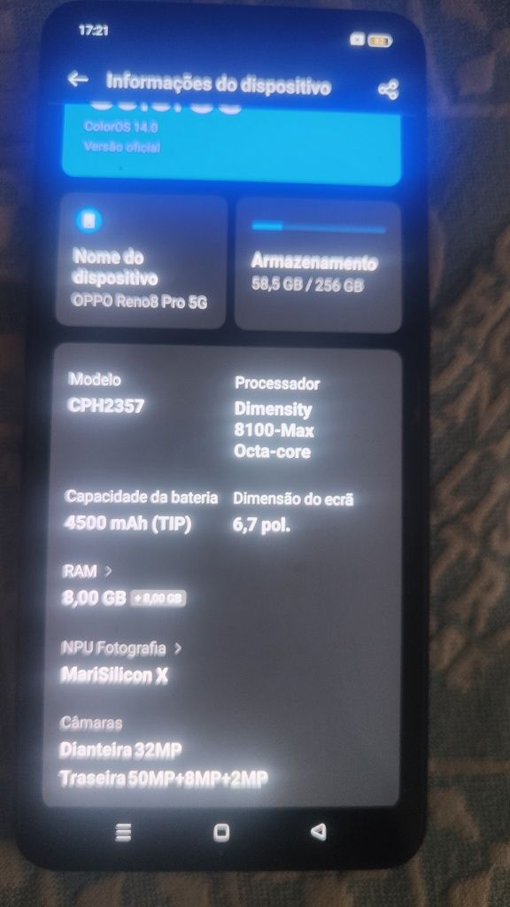 Telemóvel Reno 8 pro 256gb