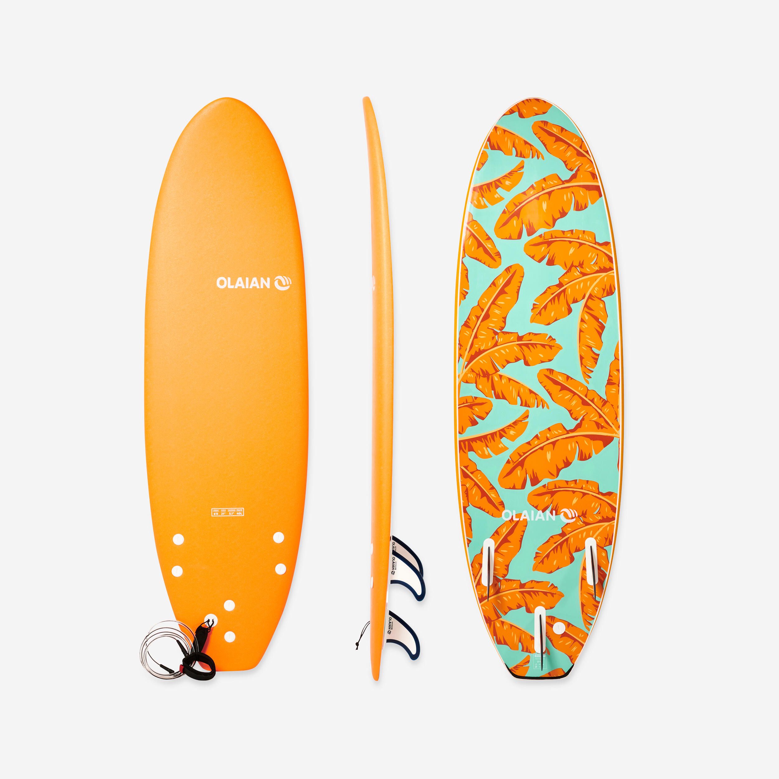 PRANCHA DE SURF ESPUMA 500 6'. Inclui 1 leash e 3 quilhas.