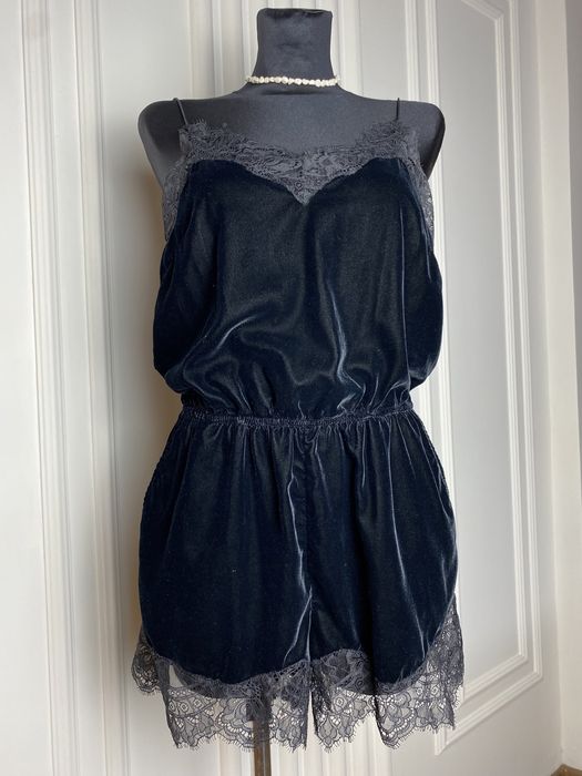 Kombinezon damski krótki czarny 36 S H&M aksamit koronka na okazje