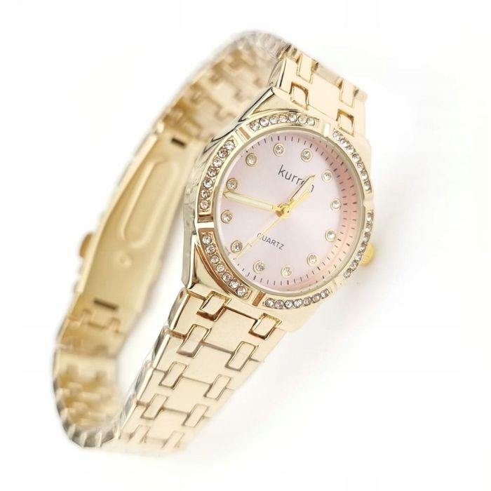 Zegarek Damski Ekskluzywny Złoty Na Bransolecie Różowa Tarcza