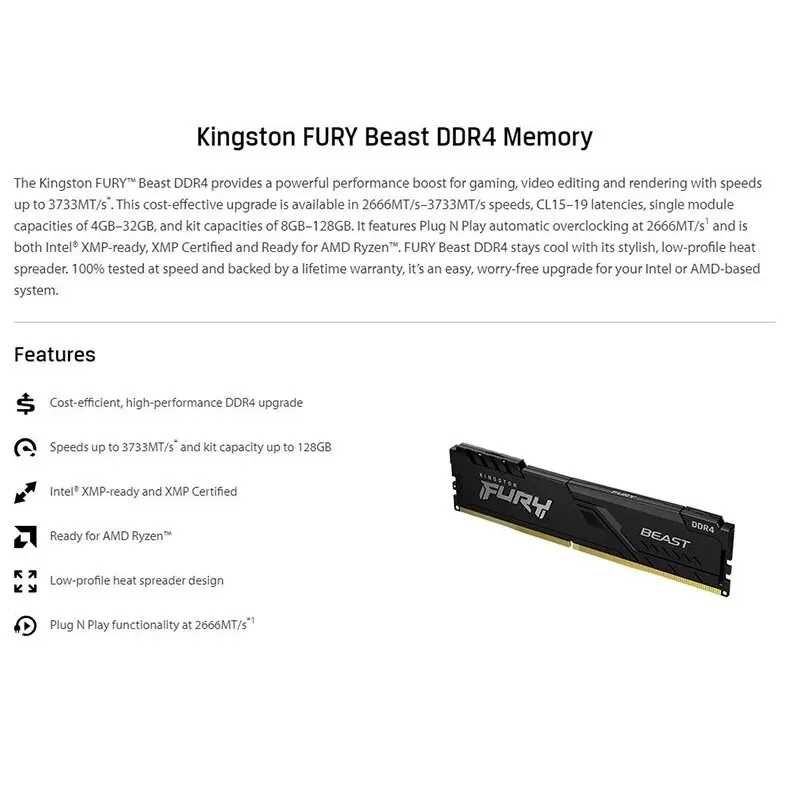 оперативная память Kingston FURY BEAST DDR4 8GB 16GB 32GB 2400-3600MHz