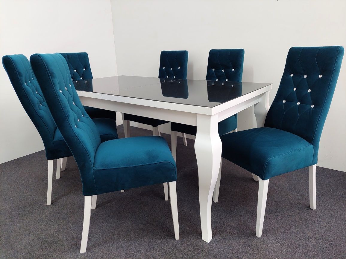 Nowy Zestaw Stół do 240cm + 6 krzeseł tapicerowanych glamour