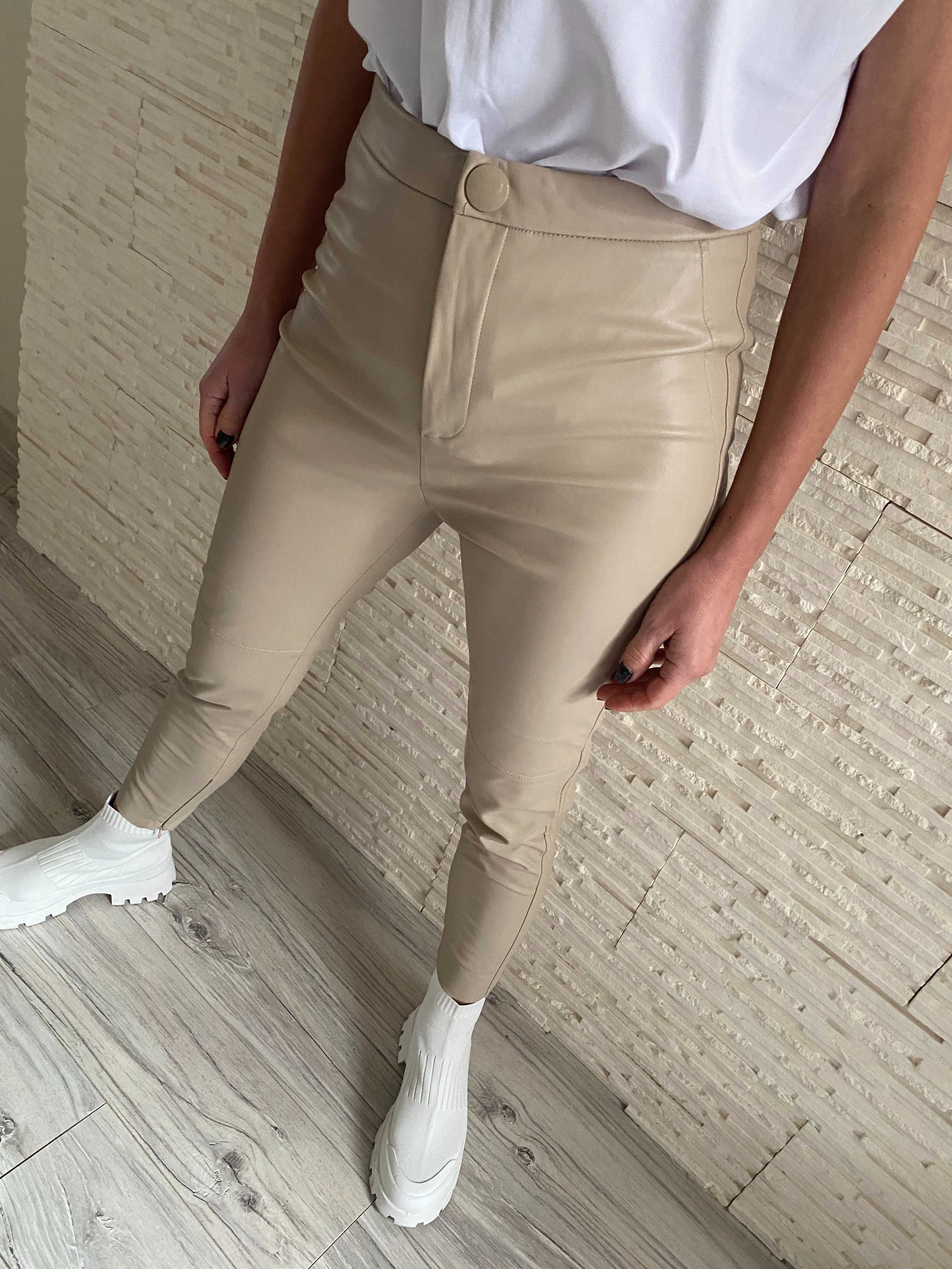 Zara nude spodnie skóra eko wyższy stan zamki M