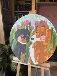 Obraz psów - akryl na płótnie okrągłym średnica 60 cm