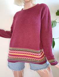 Bordowy bawełniany sweter oversize kolorowe wzory vintage