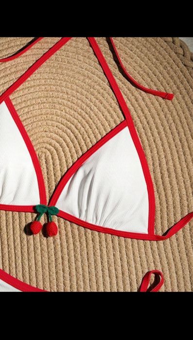 Shein śliczny strój kąpielowy bikini dwuczęściowy biało czerwony L