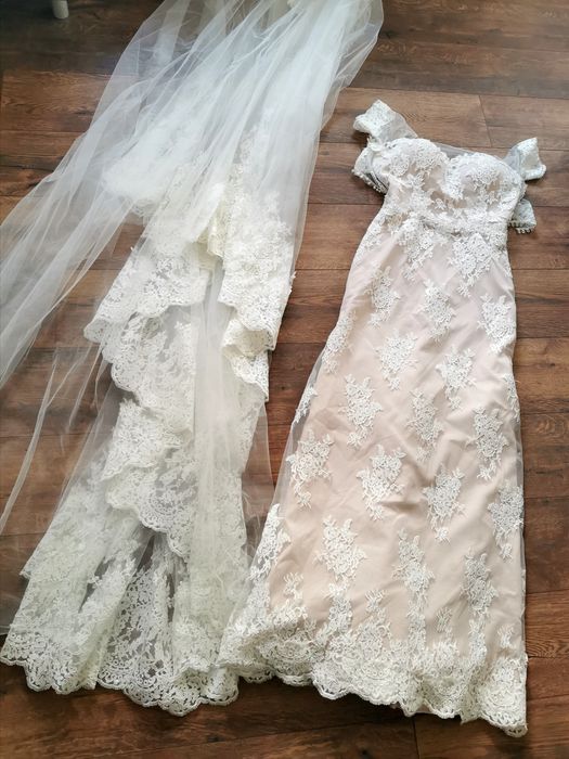 Suknia ślubna rybka tren tiul koronka  38 40