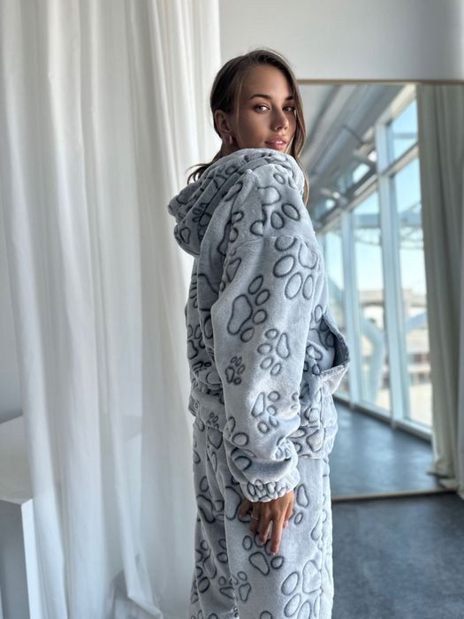 Женская махровая пижама зимняя кофта и штаны с принтом S-XXL свободная